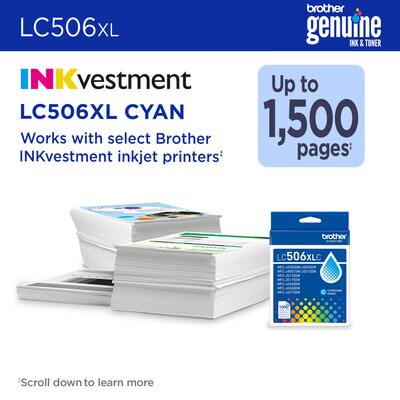 Brother LC506XL Cyan High Yield Ink Cartridge, Prints Up to 1,500 Pages (LC506XLCS)