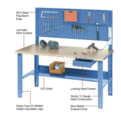 Global Industrial Complete Industrial Workbench, 60"W x 30"D, Plastic Laminate Square Edge, Blue (606929)