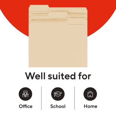 Staples File Folders, Letter Size, 1/3-Cut Tabs, Assorted Positions, Manila, Durable Paper Stock, 250/Pack