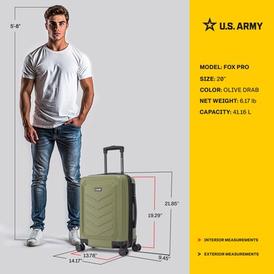 US Army FOX PRO 20" Hardside Carry-On Suitcase, 4-Wheeled Spinner, TSA Checkpoint Friendly, Olive Drab (USLFPRO00S-GRN)