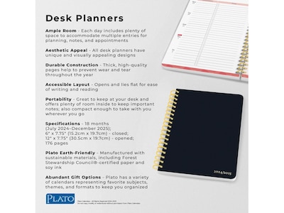 2024-2025 Plato 6" x 7.75" Academic & Calendar Weekly Planner, Paperboard Cover, Solid Black (9781975480349)