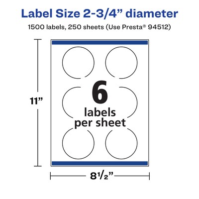 Avery Laser/Inkjet Round Multipurpose Labels, 2.75"  Dia, Matte White, 1500/Box (94512)