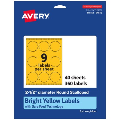 Avery Round Scalloped Laser/Inkjet Multipurpose Labels, 2.5 Dia, Bright Yellow (360/Box)