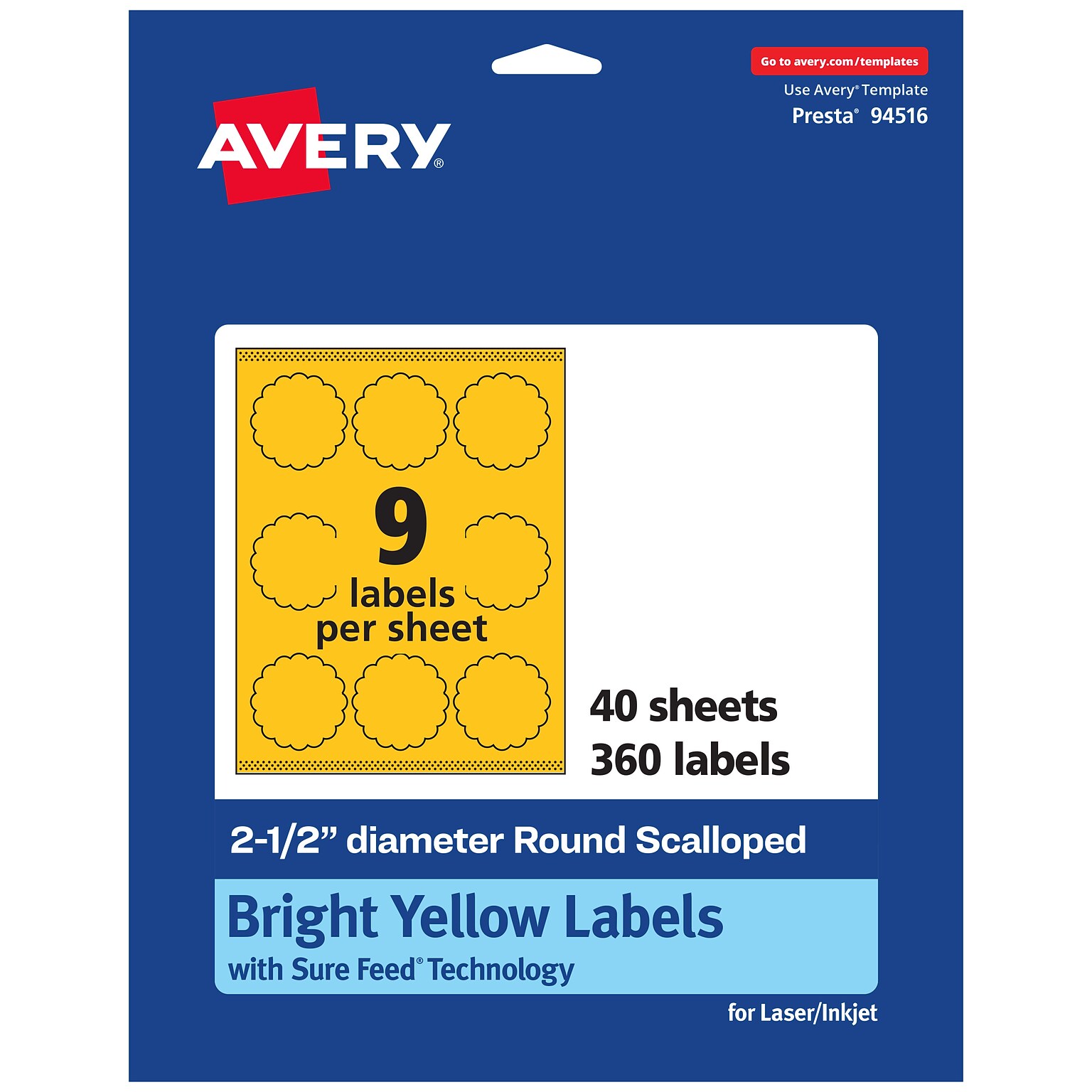 Avery Round Scalloped Laser/Inkjet Multipurpose Labels, 2.5 Dia, Bright Yellow (360/Box)