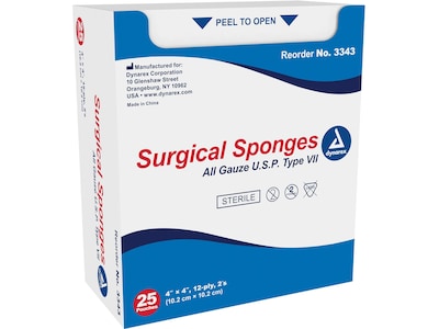 Dynarex 2 Sterile 12-Ply Sponge, 25/Pack, 24 Packs/Carton (3343)