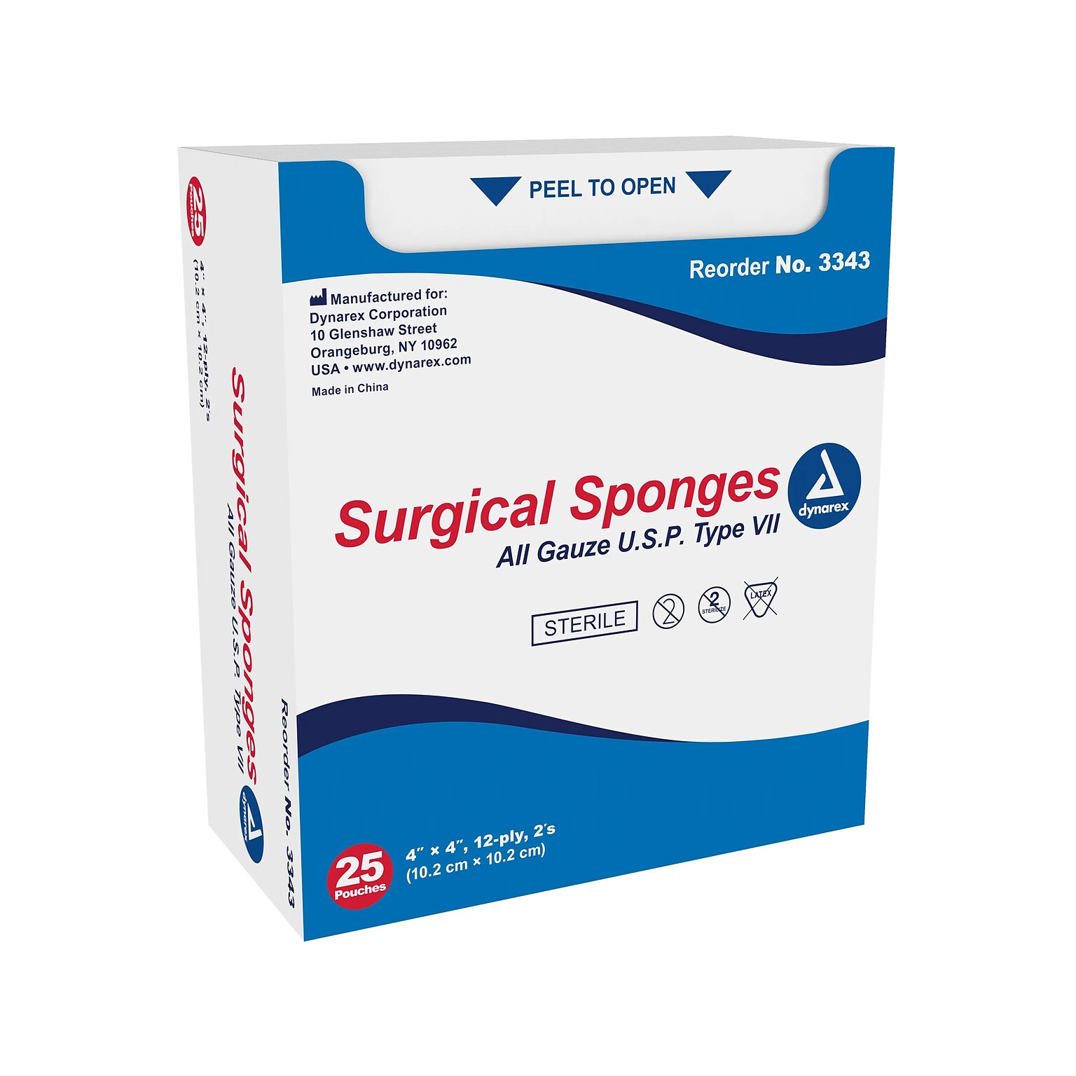 Dynarex 4 Sterile 12-Ply Sponge, 25/Pack, 25 Packs/Carton (3343)