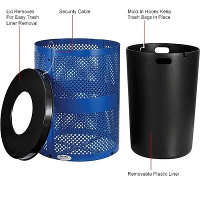 Global Industrial Outdoor Perforated Steel Trash Can w/ Flat Lid, 36 Gallon, Blue (261925BL)