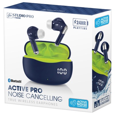STUDIO PRO by FISHER Active Pro Wireless Noise Canceling Earbuds, Bluetooth, Navy Blue/Green (STW290A)