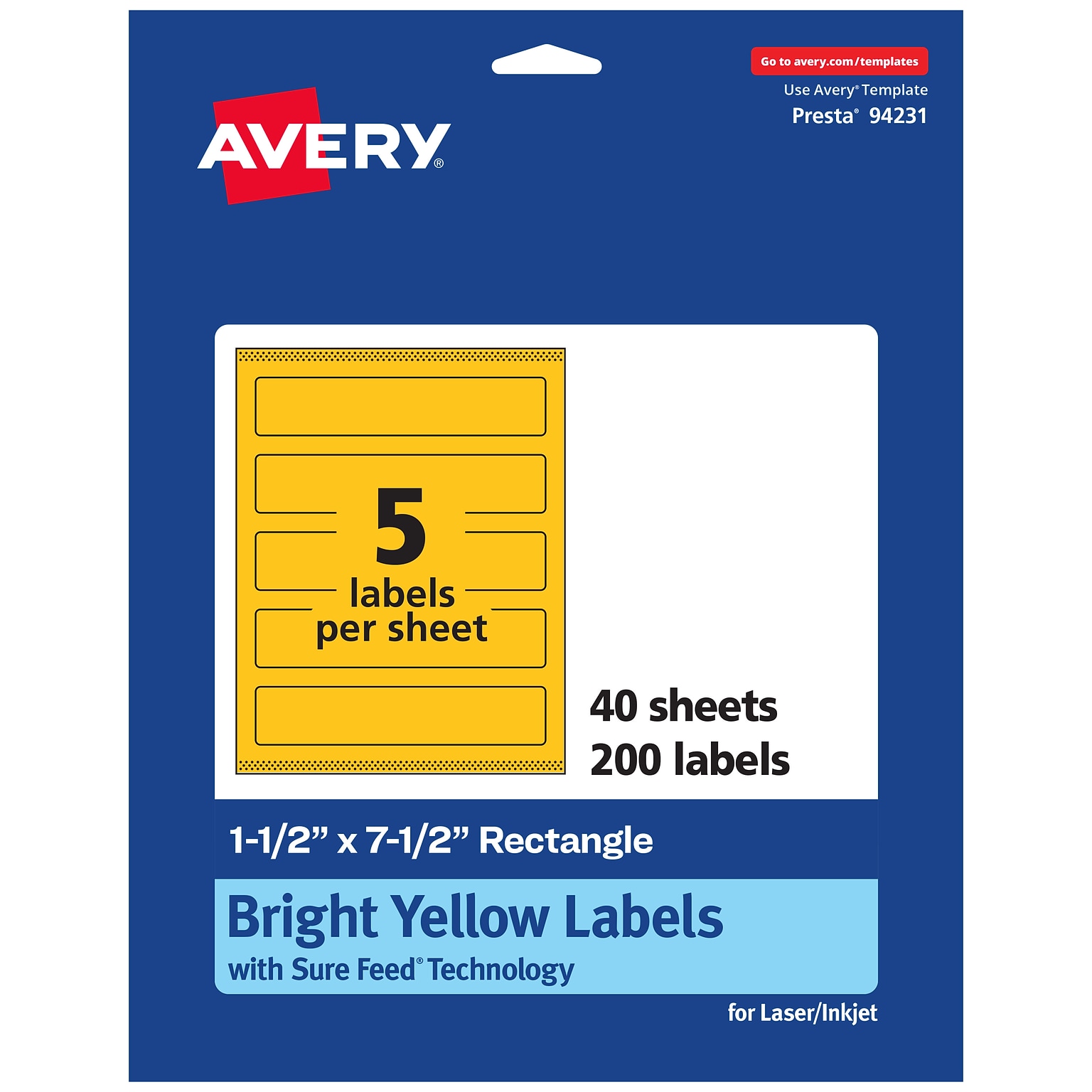 Avery Laser/Inkjet Rectangle Multipurpose Labels, 1.5 x 7.5, Bright Yellow, 200/Pack (94231)