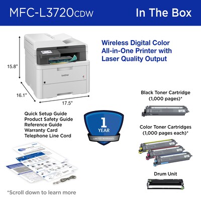 Brother MFC-L3720CDW Digital Refurbished Wireless Color All-In-One Laser Printer, Best for Home Office