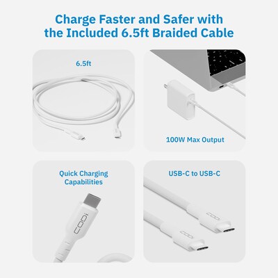 CODi 100W Wall USB-C Charger with USB2.0 EPR Braided Cable, White (A01118)