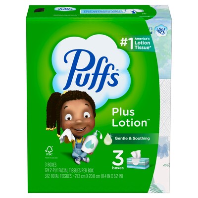 Puffs Plus Lotion Facial Tissue, 2-ply, 124 Tissues/Box, 3 Boxes/Pack (39363)