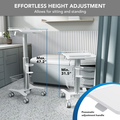Mount-It! MedHub Height Adjustable Mobile Laptop Cart with Anti-Theft Bar, Storage, and Locking Wheels, White/Grey (MI-16030)