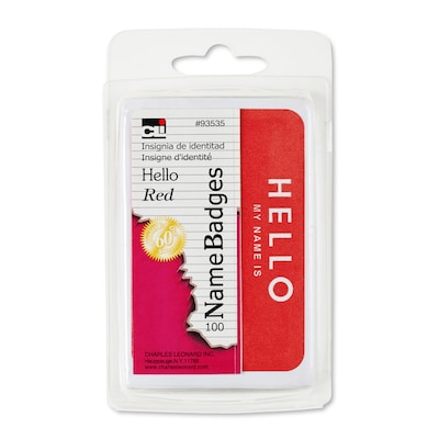 Charles Leonard Self-Adhesive Red Hello Name Badges, 3.375 x 2.25, 100 Per Pack, 12 Packs (CHL93535-12)