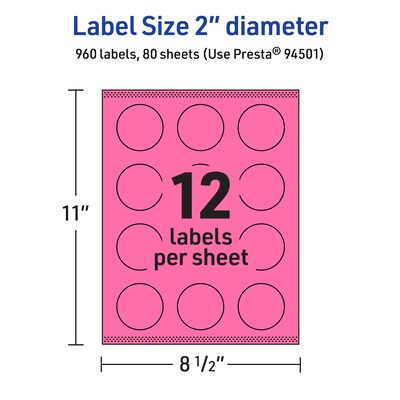 Avery Laser/Inkjet Round Multipurpose Labels, 2" Dia., Bright Pink, 960/Box (94501)