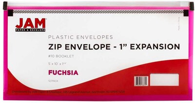 JAM Paper Premium Plastic Expanding Wallet with Zipper Closure, 5 x 10, Fuchsia Pink, 3/Pack (921Z1FUX3)