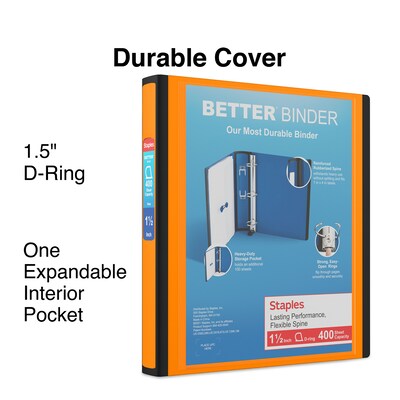 Staples® Better 1-1/2 3 Ring View Binder with D-Rings, Orange (13467)