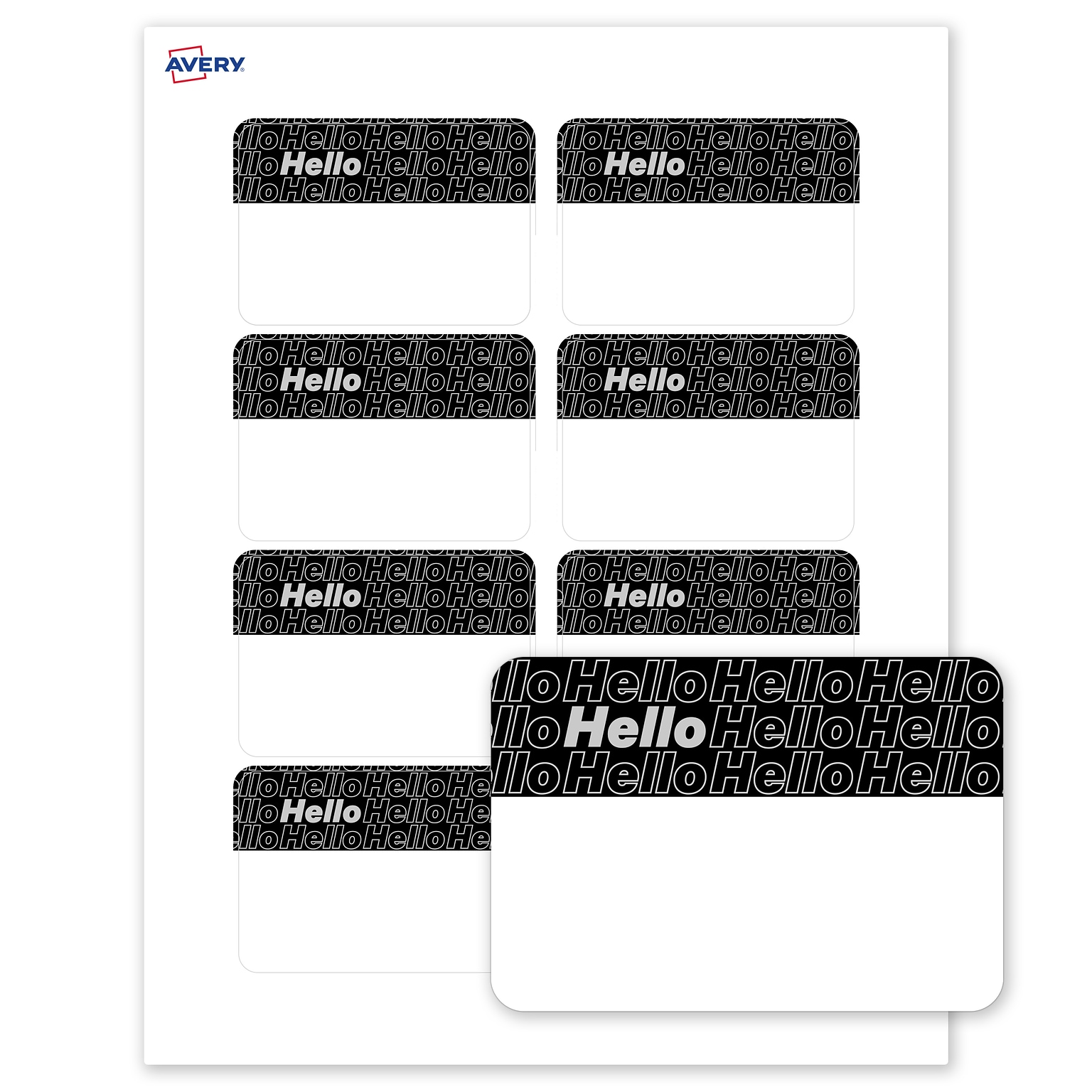 Avery Adhesive Name Tags, Pre-printed Silver/Black Hello Design