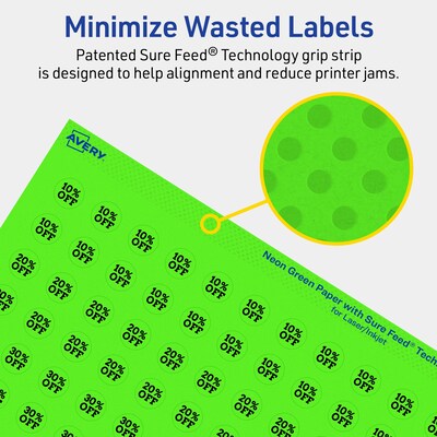 Avery Laser/Inkjet Multipurpose Circle Labels, 0.5" Dia., Neon Green, 1540/Pack (94503)