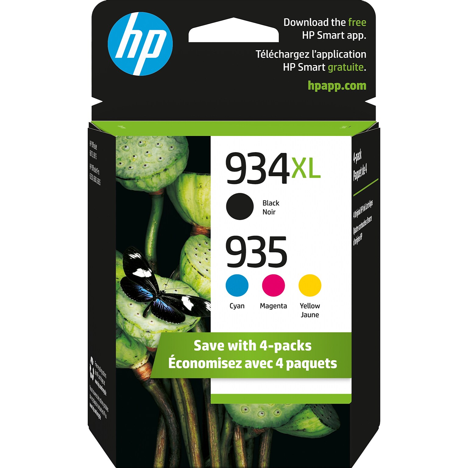 HP 934XL/935 Black High Yield and Cyan/Magenta/Yellow Standard Yield Ink Cartridge, 4/Pack (N9H66FN#140)