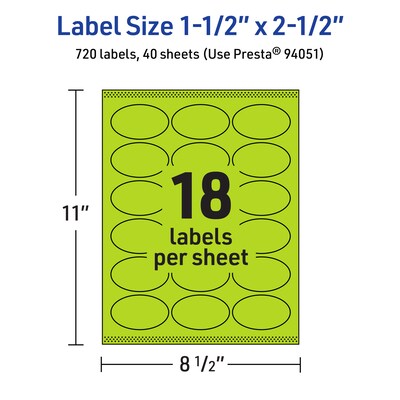 Avery Printable Oval Multipurpose Labels, 1.5" x 2.5", Bright Green, 720/Pack (94051)
