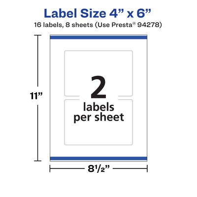 Avery Durable Removable Rectangle Multipurpose Labels, 4" x 6", White, 16/Pack (94278)