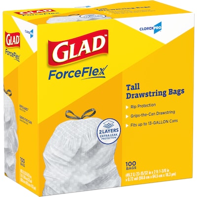 Glad ForceFlex Tall 13 Gallon Drawstring Kitchen Trash Bag, White, 100 Total Bags (78374)