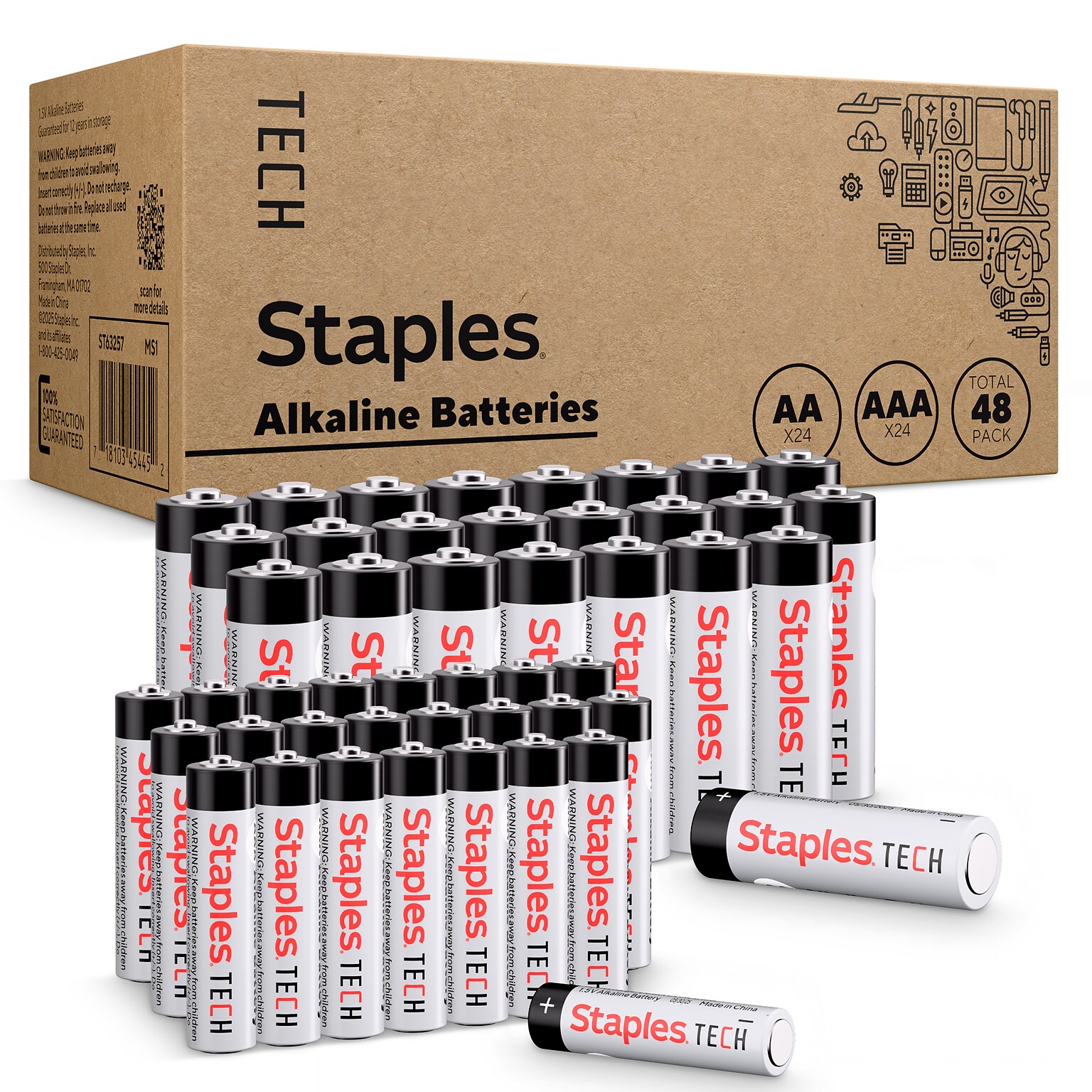 Staples TECH AAA/AA Alkaline Battery, 48 Pack (ST63257-CC)