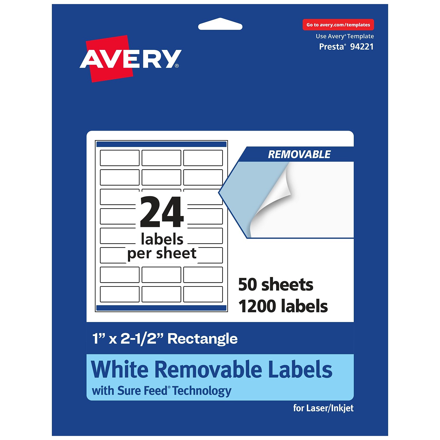 Avery Laser/Inkjet Rectangle Multipurpose Labels, 1 x 2.5, White, 1200 Labels/Box (94221)