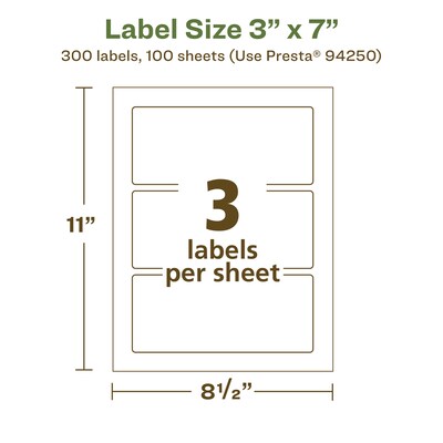Avery EcoFriendly Laser/Inkjet Rectangle Multipurpose Labels, 3" x 7", White, 300/Box (94250)