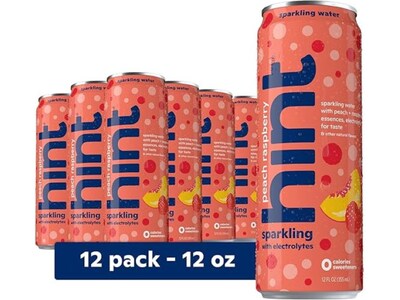Hint Peach Raspberry Sparkling Water with Electrolytes, 12 fl. oz., 12 Cans/Carton (HINT-PRCAN-E)