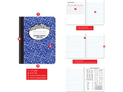 Better Office 1-Subject Composition Notebooks, 7.5" x 9.75", Wide Ruled, 100 Sheets, Assorted Colors, 4/Pack (25204-4PK)