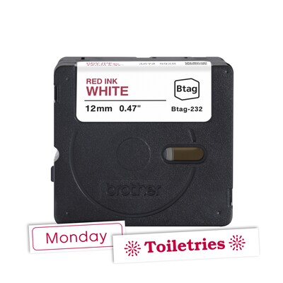 Brother P-touch Btag Label Tape, 1/2" x 13.1' (12mm x 4m), Red on White (BTAG232)