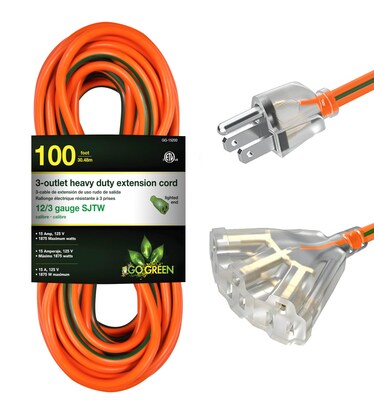 GoGreen Power 100 Indoor/Outdoor Extension Cord, 3-Outlet, 12 AWG, Orange (GG-15200)