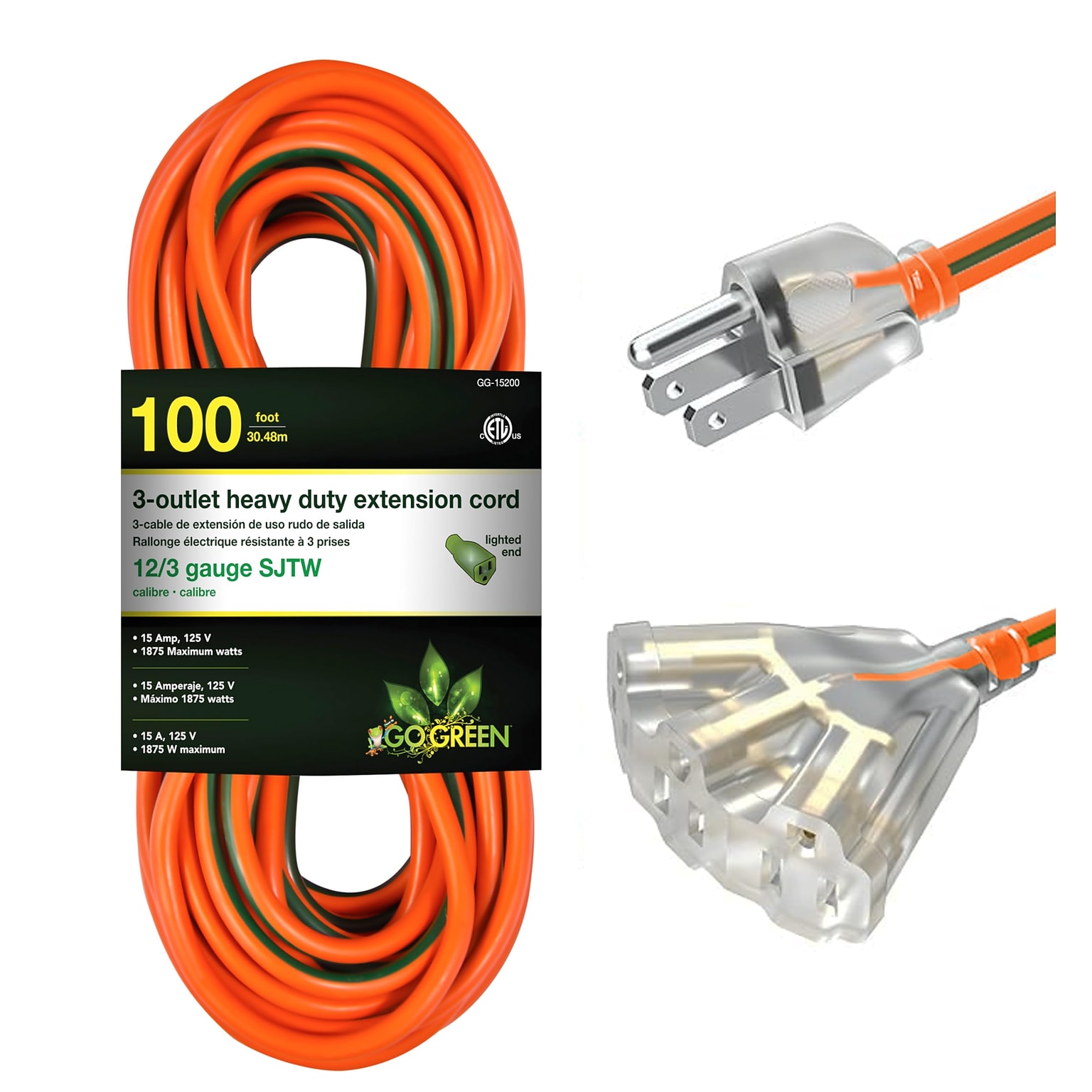 GoGreen Power 100 Indoor/Outdoor Extension Cord, 3-Outlet, 12 AWG, Orange (GG-15200)