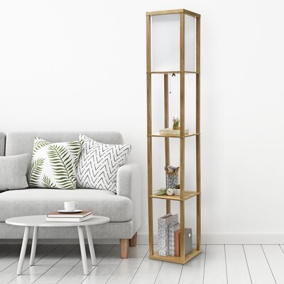 Simple Designs 62.5" Modern 3 Tier Standing Floor Lamp Etagere Organizer Storage Shelf with Linen Shade (LF1038-WOD)