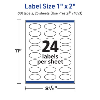 Avery TrueBlock Laser/Inkjet Oval Multipurpose Labels, 1" x 2", White, 600/Pack (94053)