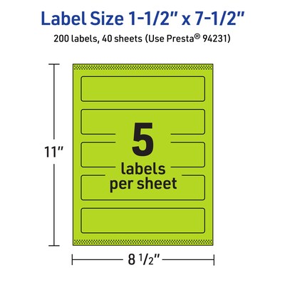 Avery Printable Rectangle Multipurpose Labels, 1.5" x 7.5", Bright Green, 200/Pack (94231)