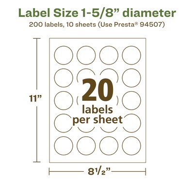 Avery EcoFriendly Laser/Inkjet Circle Multipurpose Labels, 1-5/8" Dia., White, 200/Pack (94507)