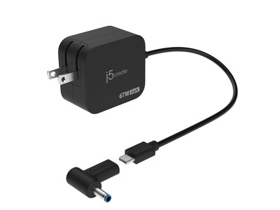 j5create GaN 67W USB Type-C Mini Charger with 4.5mm DC Converter, Black (JUP1565)