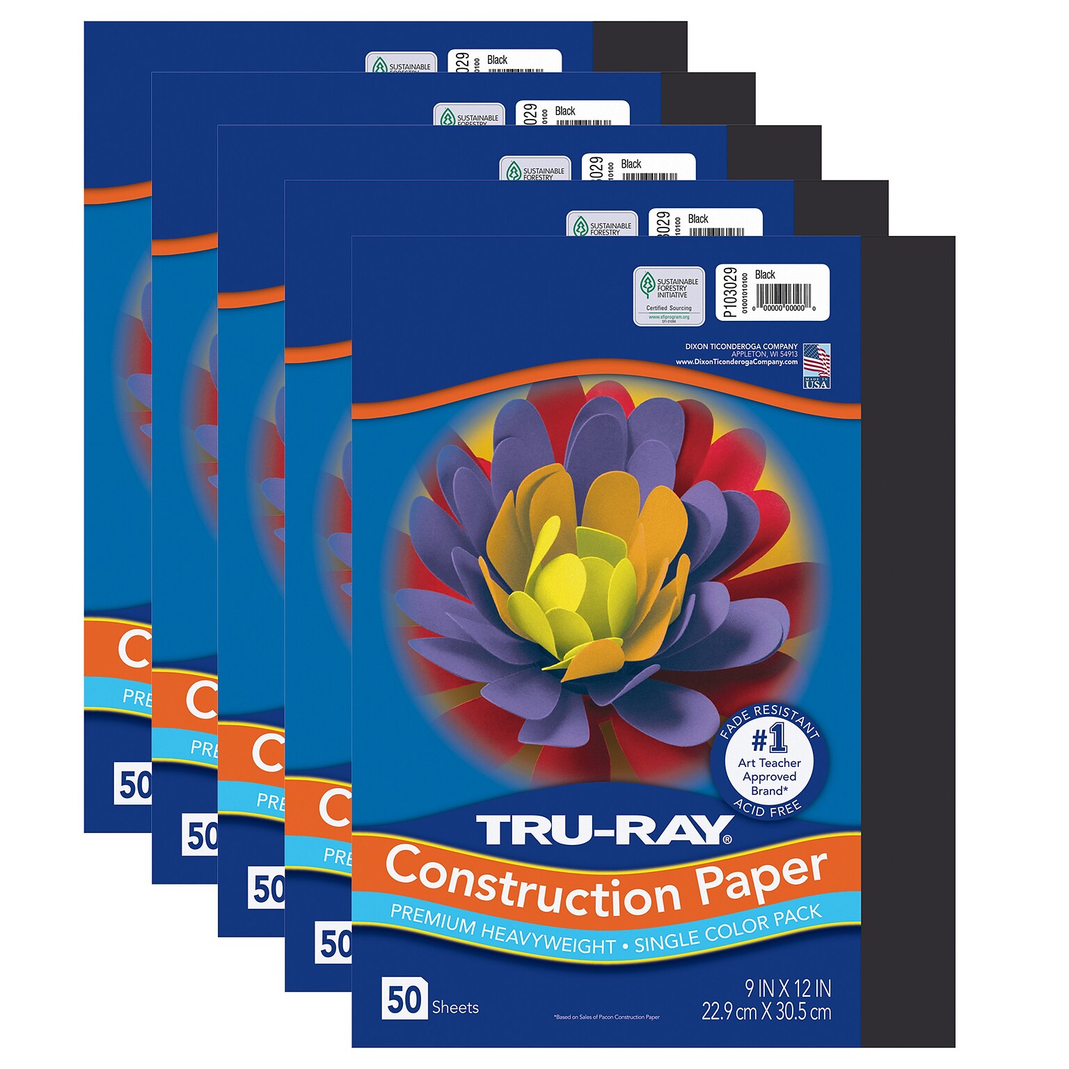 Tru-Ray 9 x 12 Construction Paper, Black, 50 Sheets/Pack, 5 Packs/Bundle (PAC103029-5)