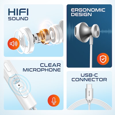 Delton 15EC USB-C Wired In-Ear Computer Earbuds with Mic, White (DWH15ECWH)