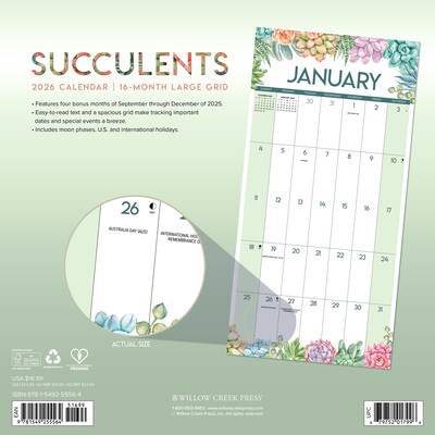 2026 Willow Creek Succulents 12 x 12 Monthly Wall Calendar (55564)