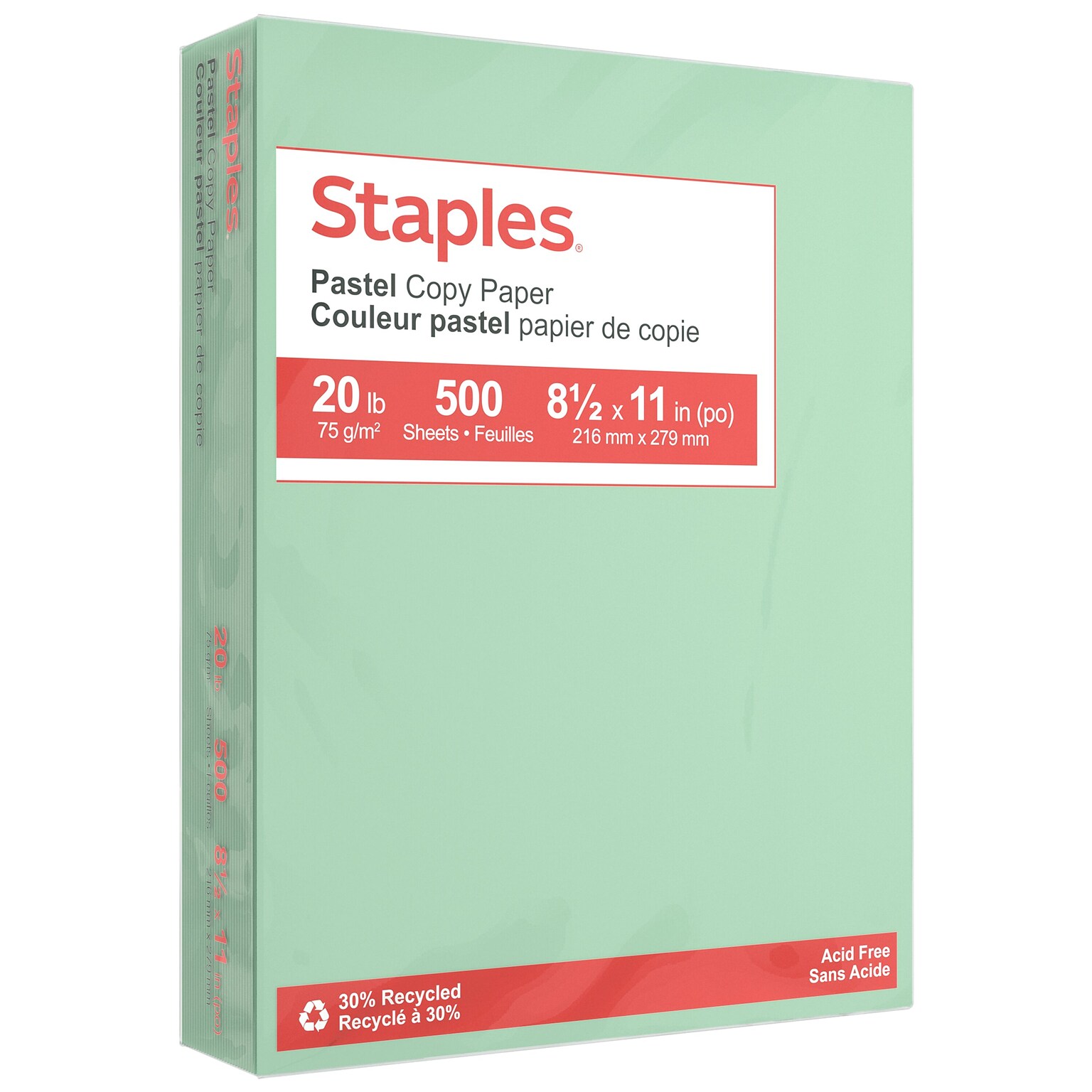 Staples Pastel 30% Recycled Color Copy Paper, 20 lbs., 8.5 x 11, Green, 500/Ream (14781)
