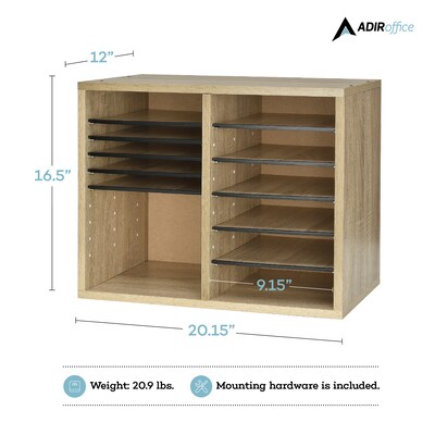 AdirOffice 500 Series 12-Compartment Literature Organizers, 20" x 20", Medium Oak (500-12-MEO)