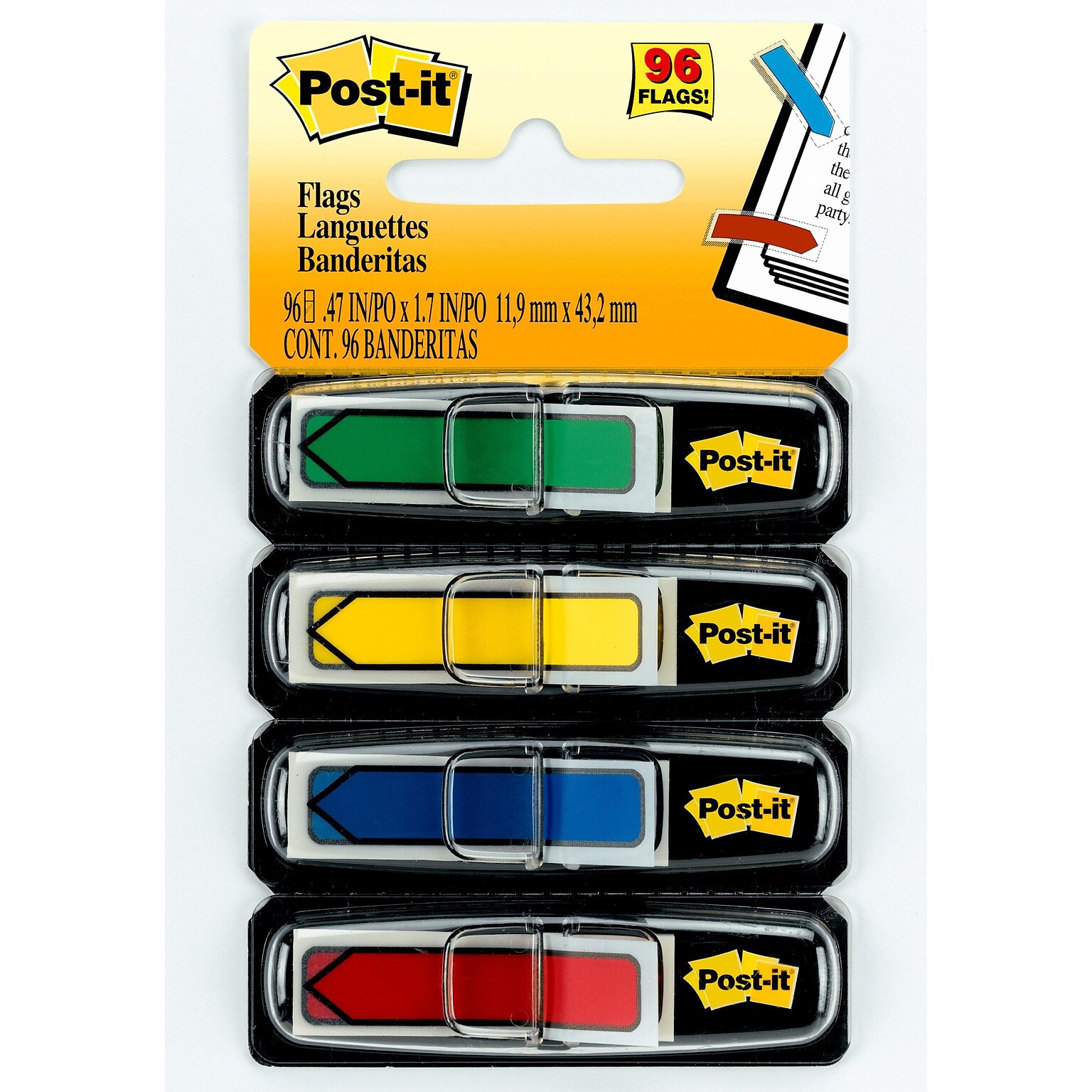 Post-it® Arrow Flags, 0.47 Wide, Assorted Primary Colors, 96 Flags/Pack (684-ARR3)