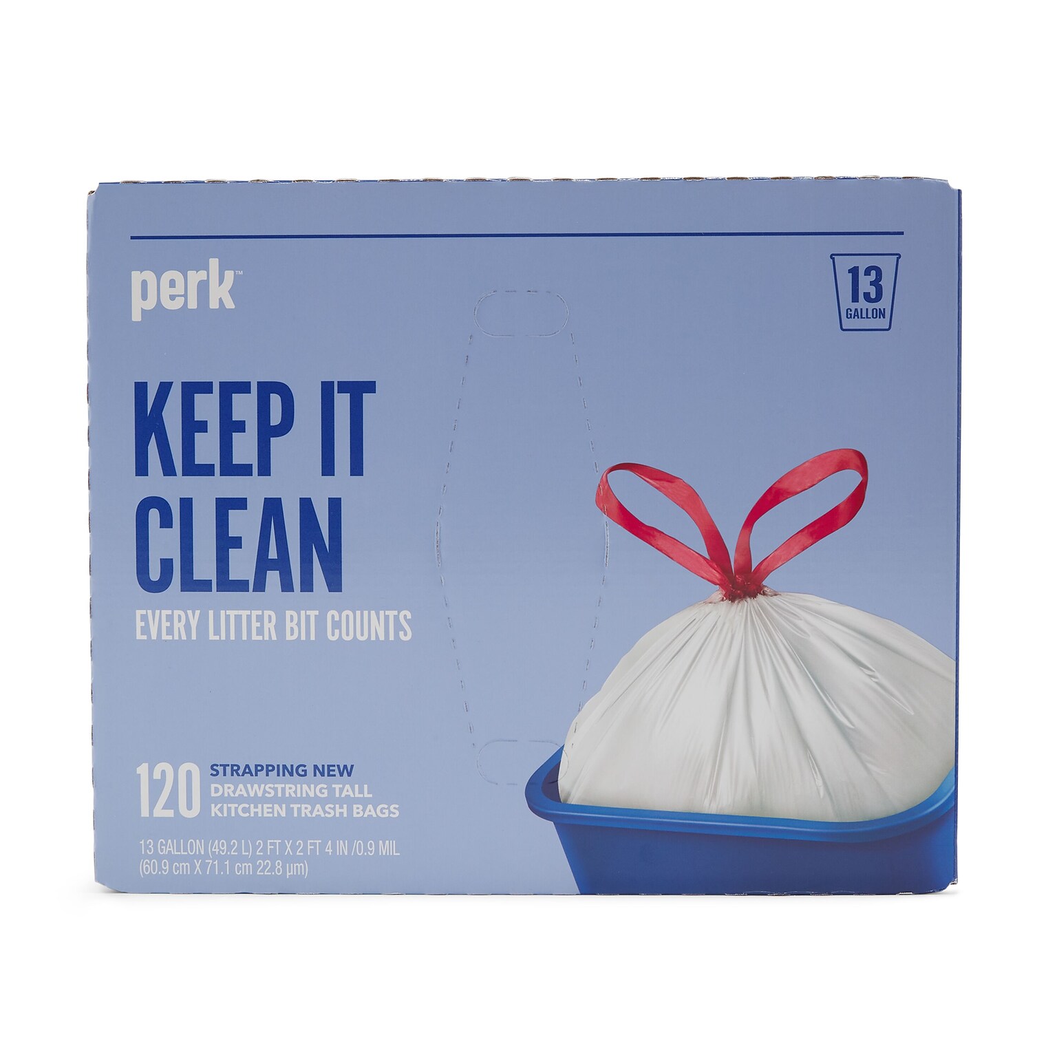 Perk™ 13 Gallon Kitchen Trash Bag, 28 x 24, Low Density, 0.9 mil, White, 120 Bags/Box (PK56750)