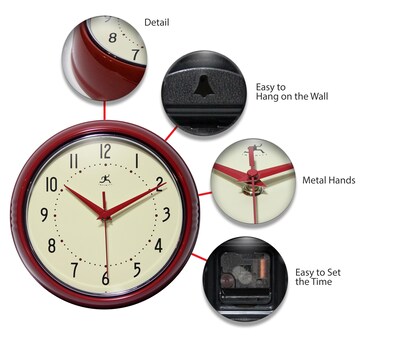 Infinity Instruments Round Retro Wall Clock, Aluminum, 9.5" (10940-RED)