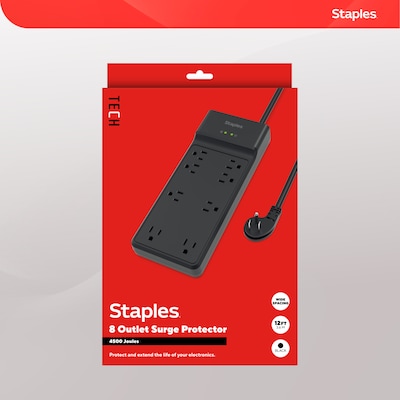 Staples TECH 8-Outlet Surge Protector, 12', 4500 Joules, Black (ST62782)