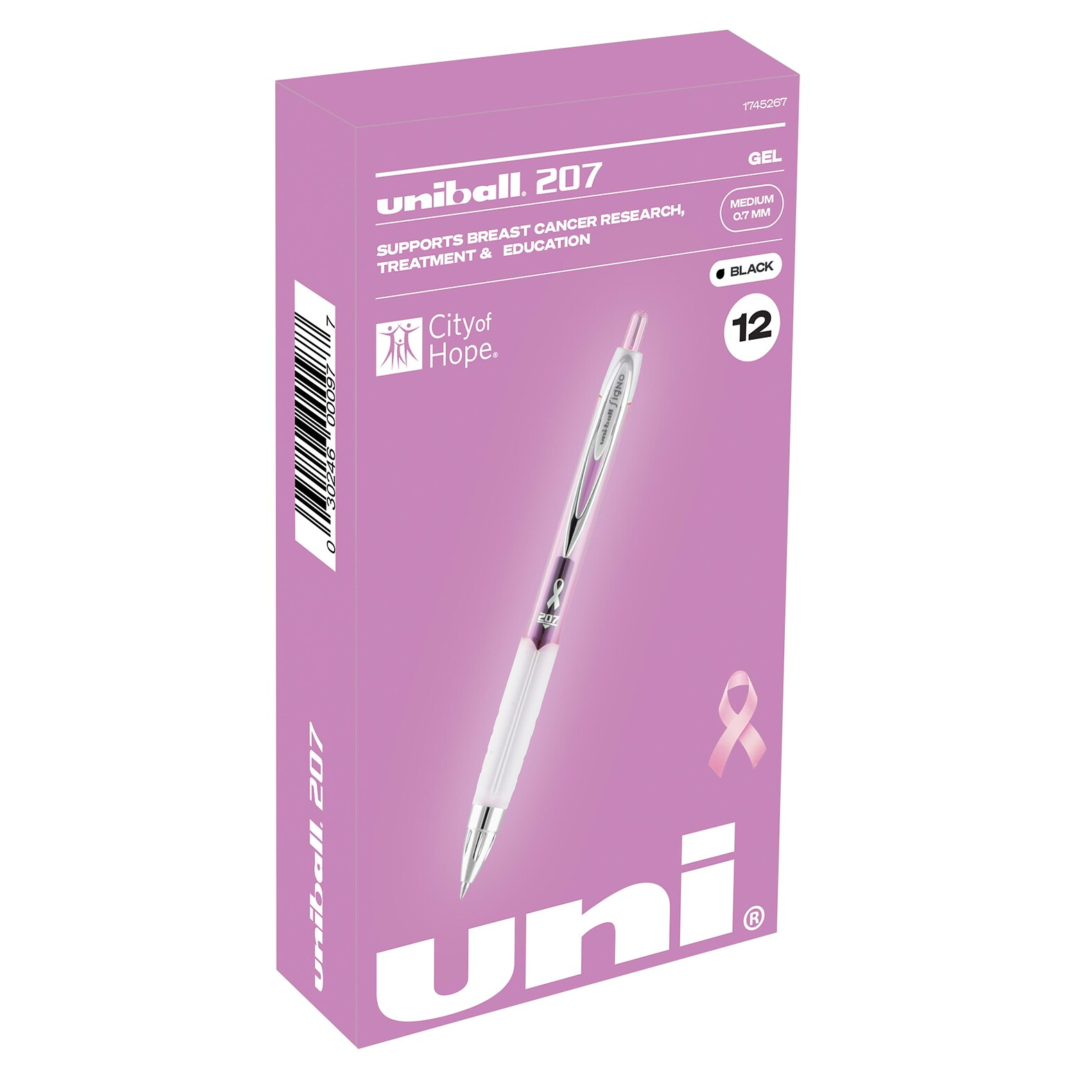 uniball 207 Pink Ribbon Retractable Gel Pens, Medium Point, 0.7mm, Black Ink, Dozen (1745267)